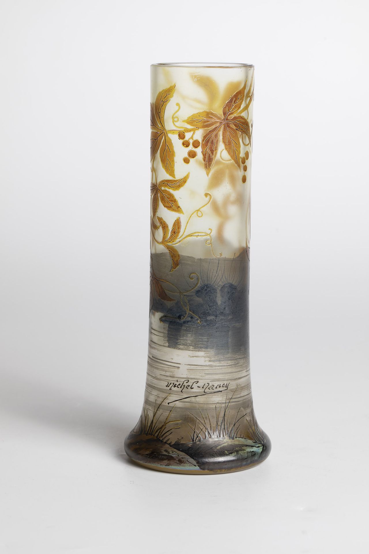 Pole Vase with River Landscape Michel, Nancy, circa 1920 Colorless glass. Etched, colorfully painted - Image 2 of 2