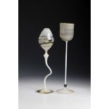 Two Stem Glasses Theodor Sellner, 1978 Opaque white glass blown in front of the lamp with coloured