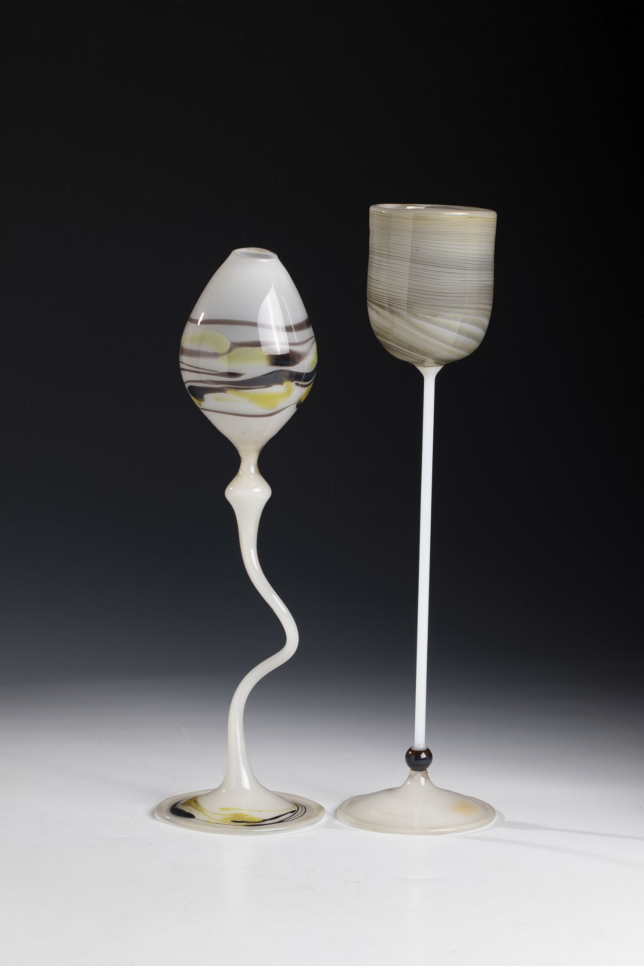 Two Stem Glasses Theodor Sellner, 1978 Opaque white glass blown in front of the lamp with coloured