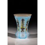 Alabaster cup Bohemia, ca. 1840 White alabaster cup with light blue overlay, six peeled tongues with