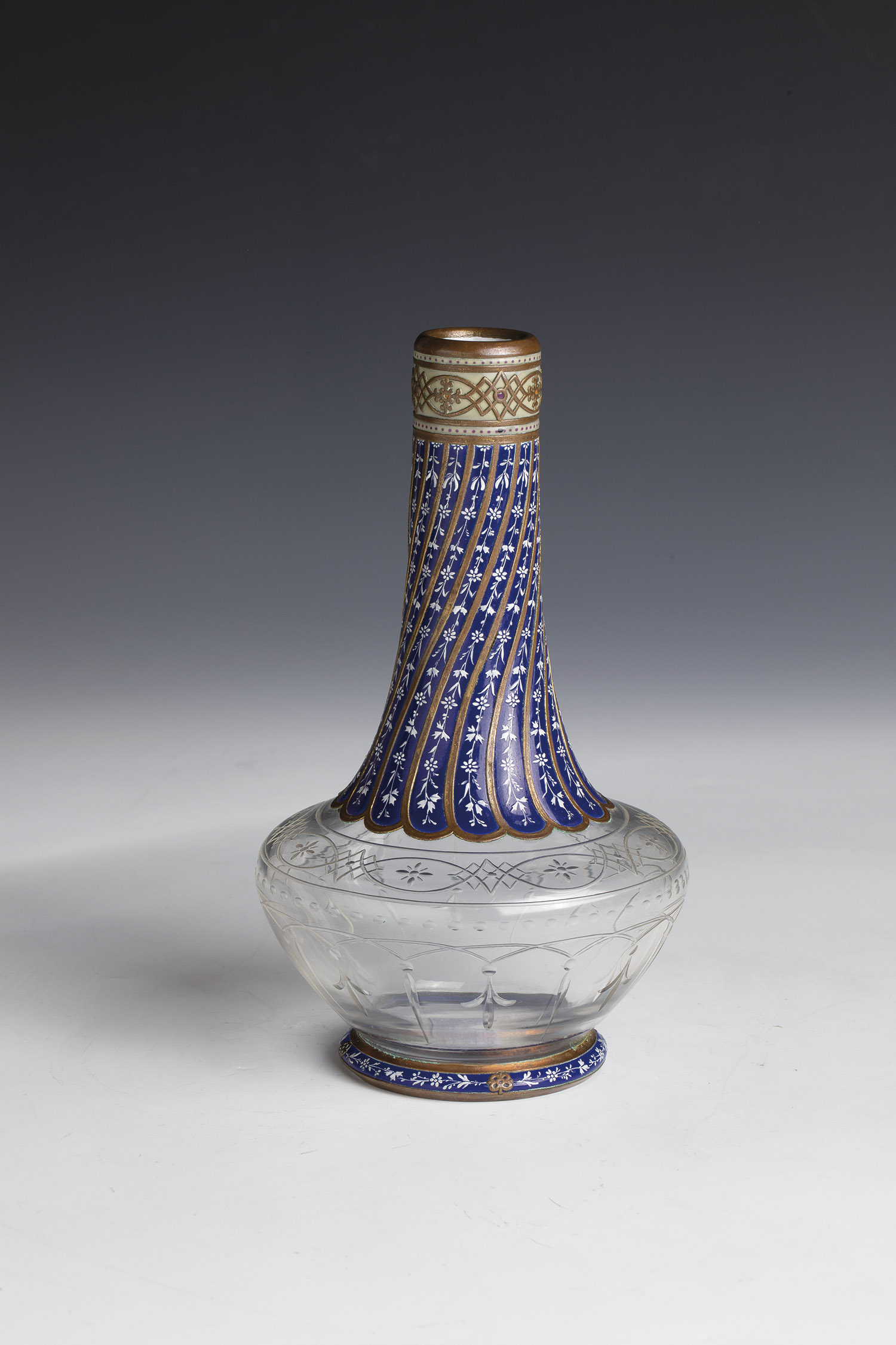 Carafe France or Russia, 19th century Colourless glass. Stand with cobalt blue enamel frieze.