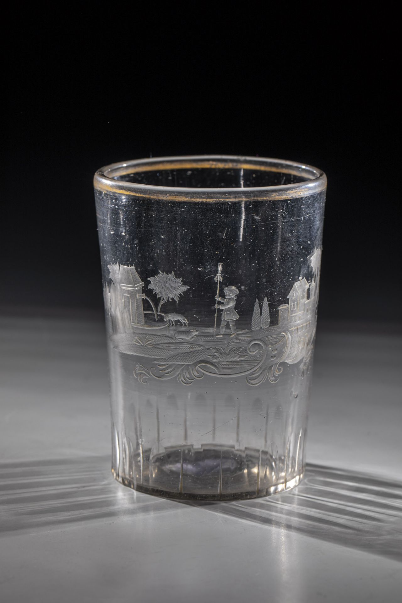 Rococo cup with shepherd scene Giant Mountains, ca. 1770 Grey-tinted glass with polished outline.