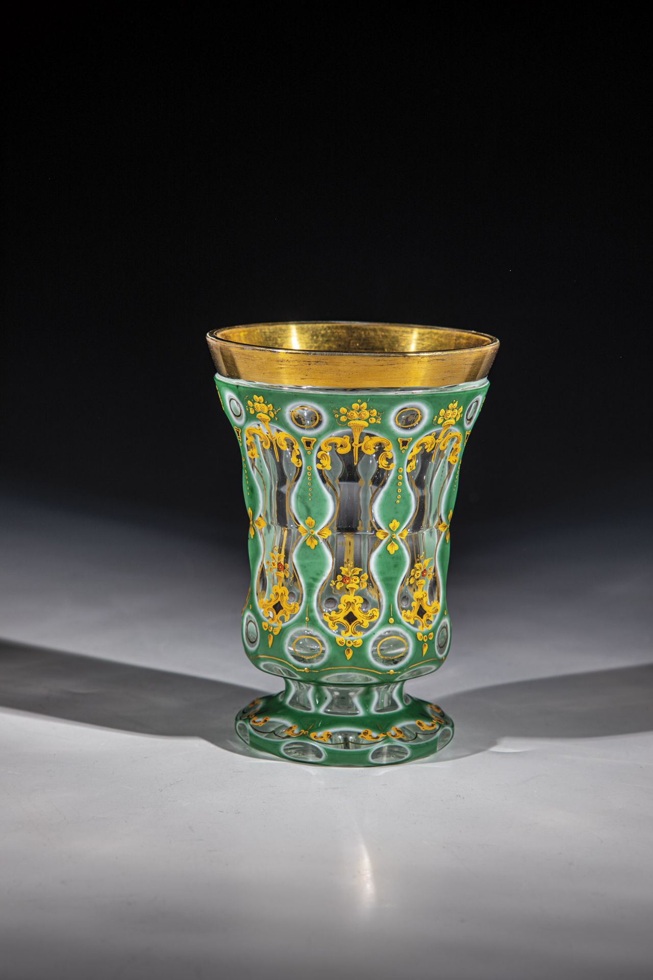 Double-cased foot cup Bohemia, ca. 1840 Colourless glass with pewter enamel and green overlay. The