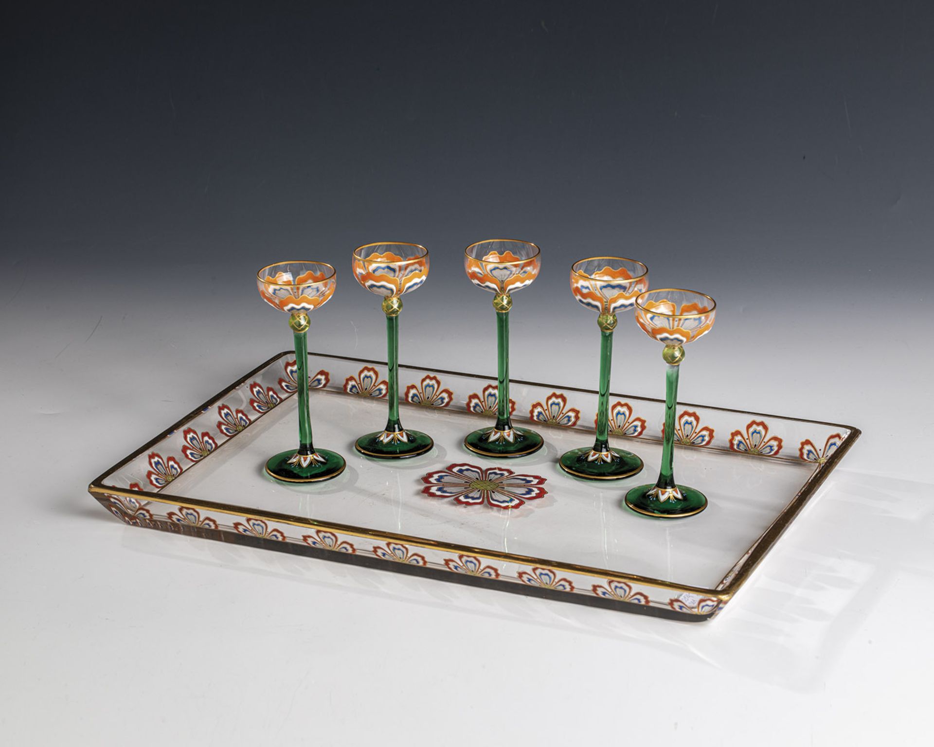 Tray and five liqueur glasses Theresienthaler crystal glass factory, ca. 1910 Colourless glass, base