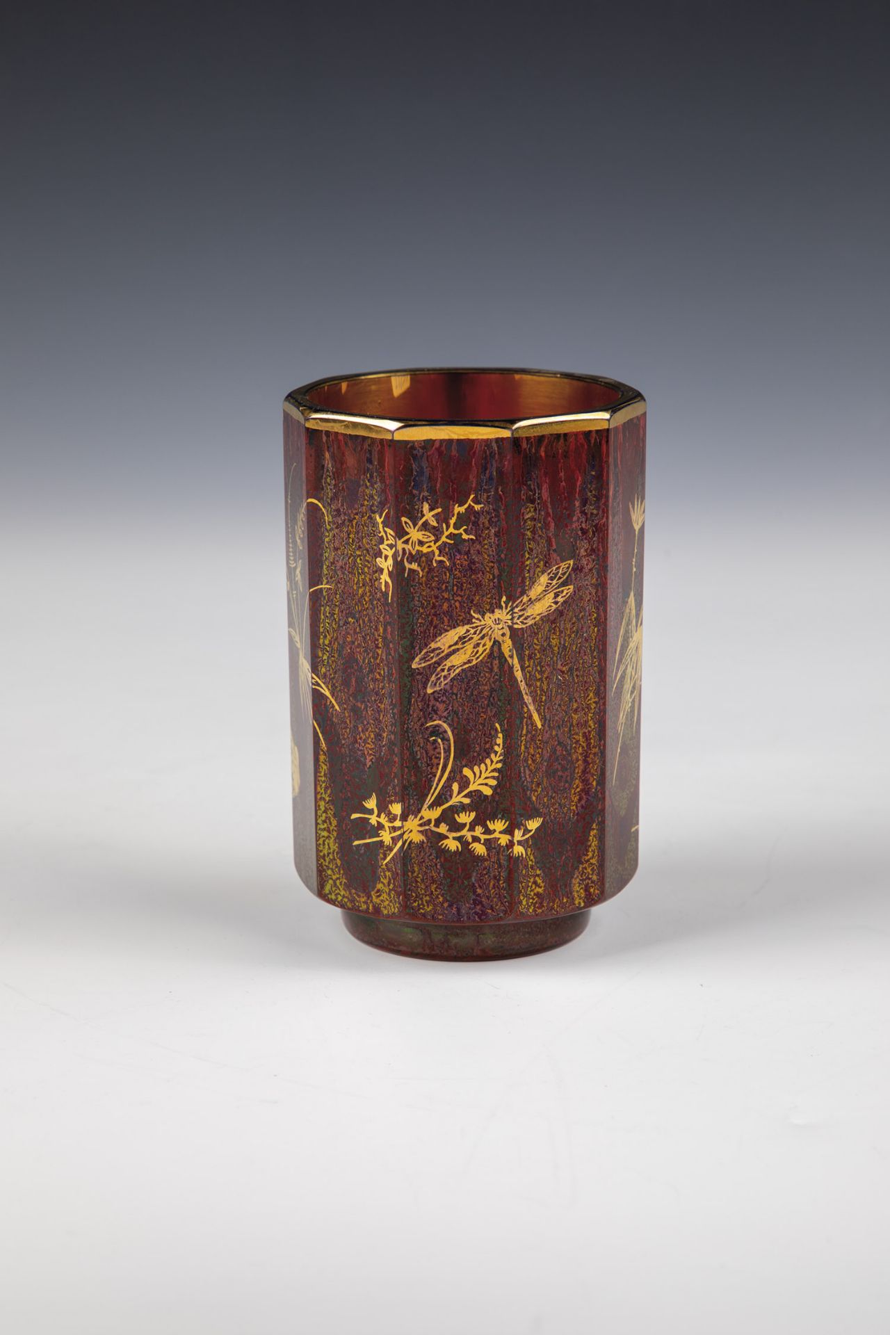 Lithyaline beaker Bohemia, A. 20th century Lithyaline glass with tenfold faceted walls, marbled in