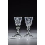 Pair of goblet glasses with monogram Middle German, 18th century, cone base with tear and downward