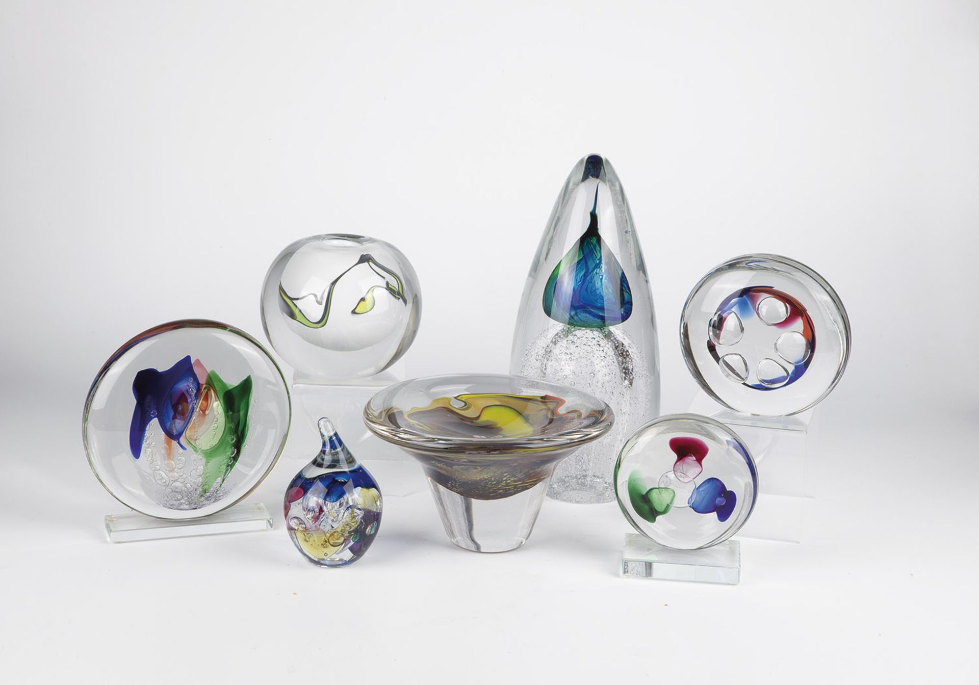 7 glass objects Among others Glashaus Edelmann, 20th/21st century Colourless flashed glass with