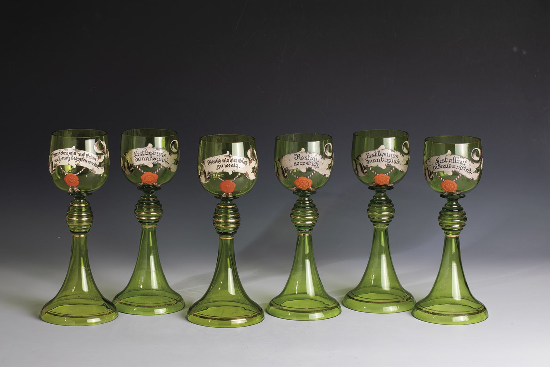 Set of Six Great Romans with Toasts Germany, circa 1880 Light green glass. Trumpet-shaped base