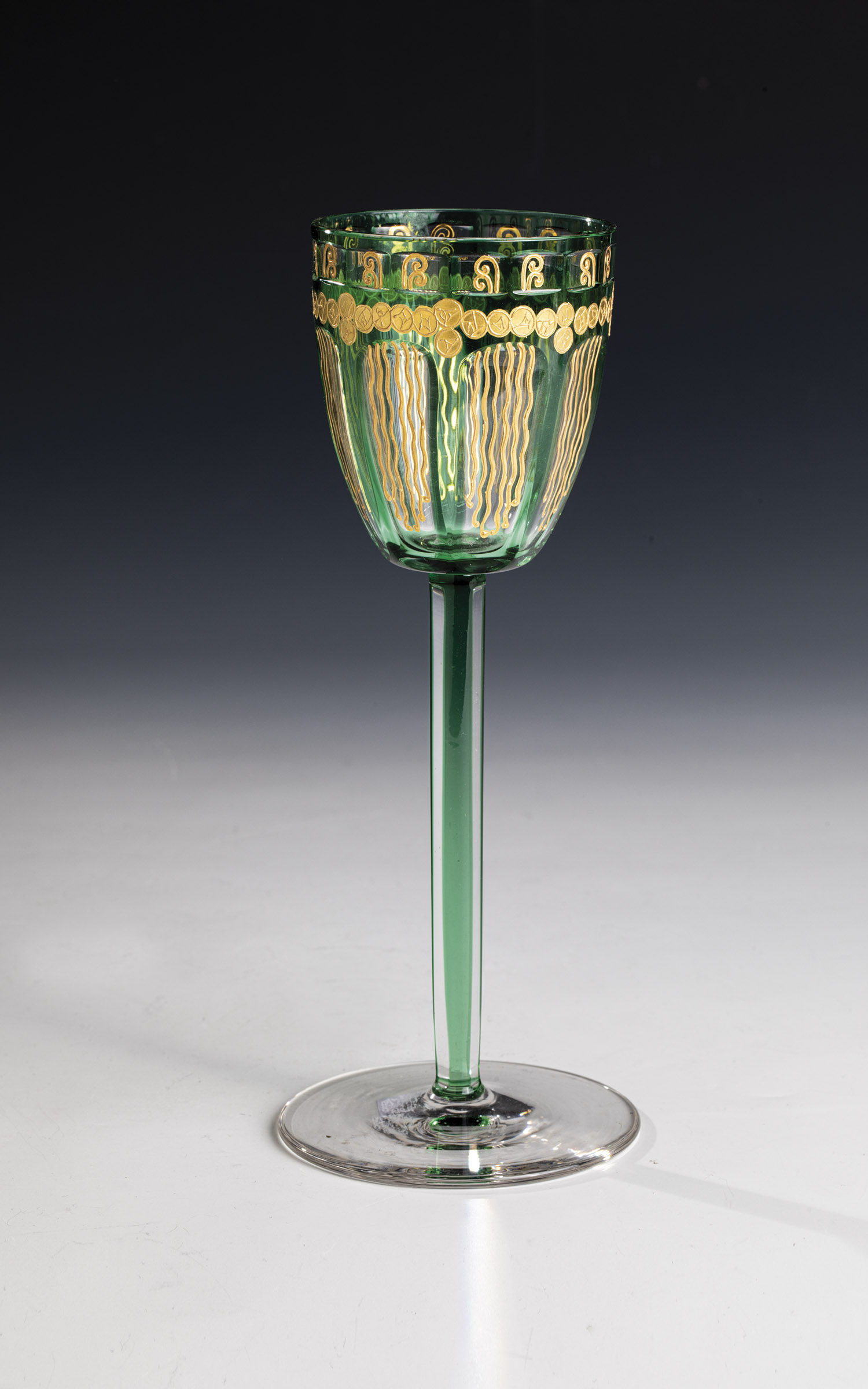 Meyr's nephew, Adolf, ca. 1910 Colourless glass with light green overlay, peeled and olive cut. In