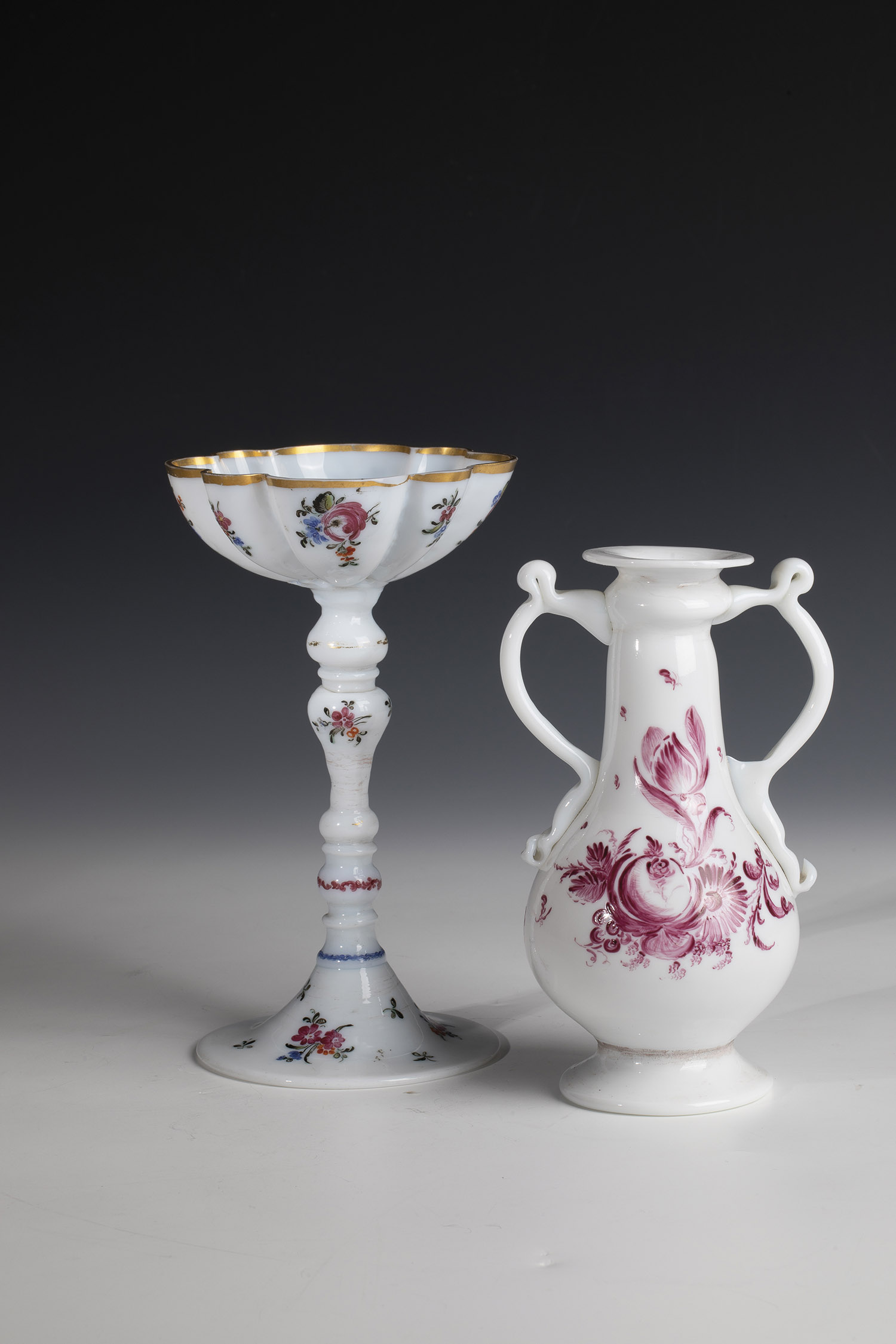 Confectionery bowl on high base and handle vase Bohemia, 18th century frosted glass. Confectionery