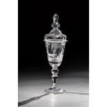 Lidded goblet with mockery of the tailors' guild of Bohemia, 18th century. On the upper side of