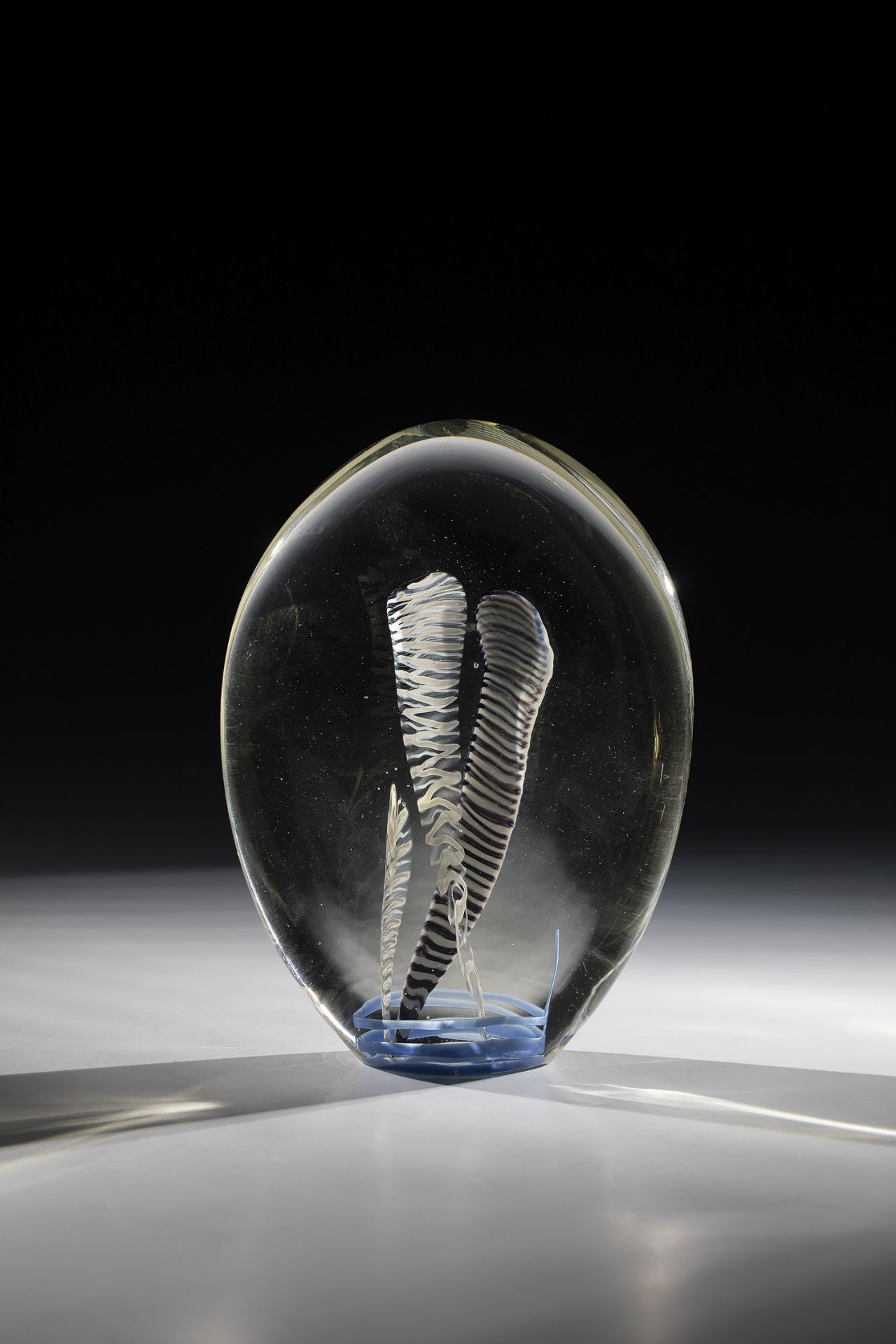 Object Volkhard Precht, 1990 Colourless glass with colour fusions in blue and opaque white. Signed