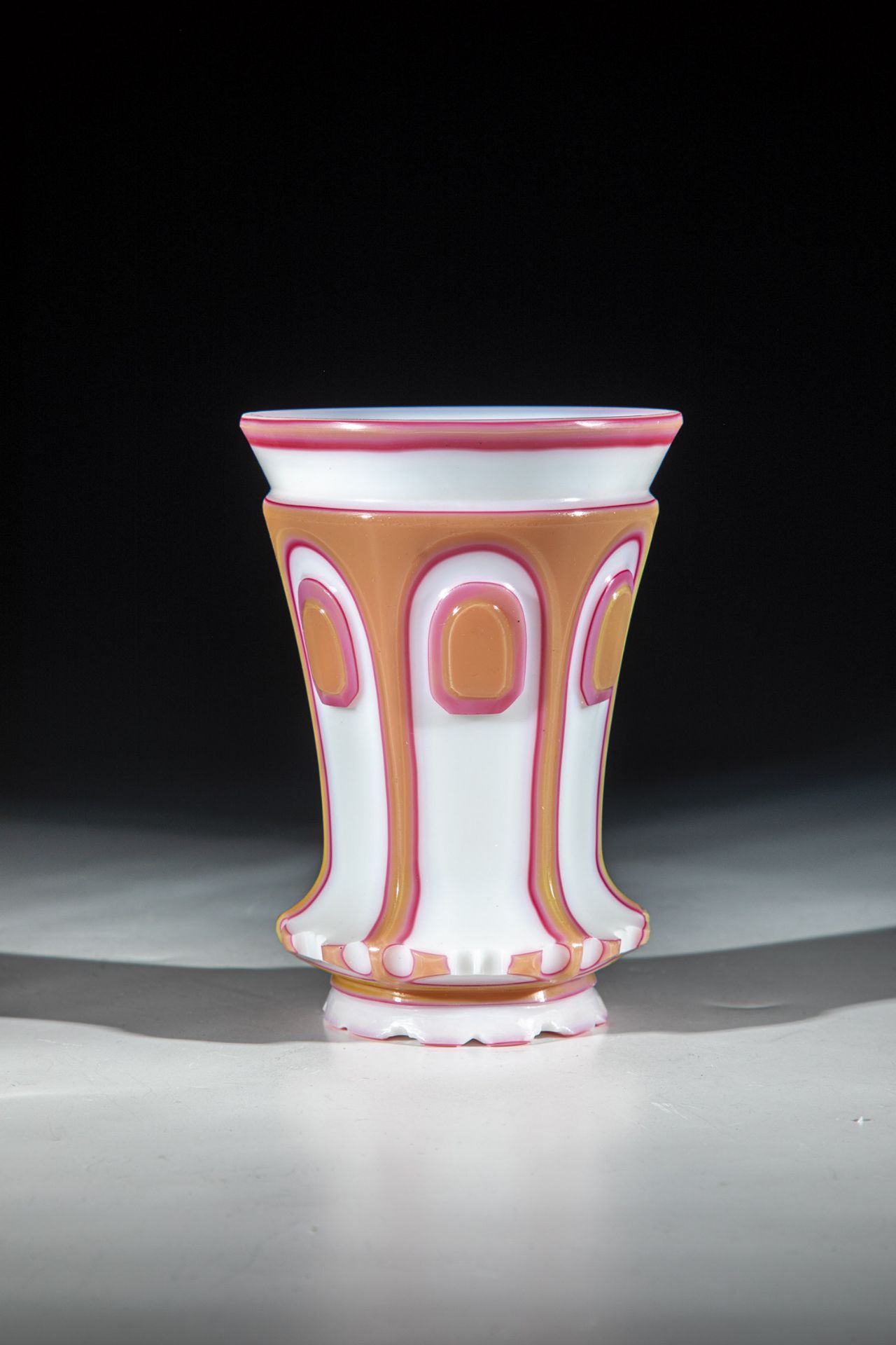 Foot cup Bohemia, ca. 1840 Frosted glass with double overlay in dusky pink and dark pink glass. Foot