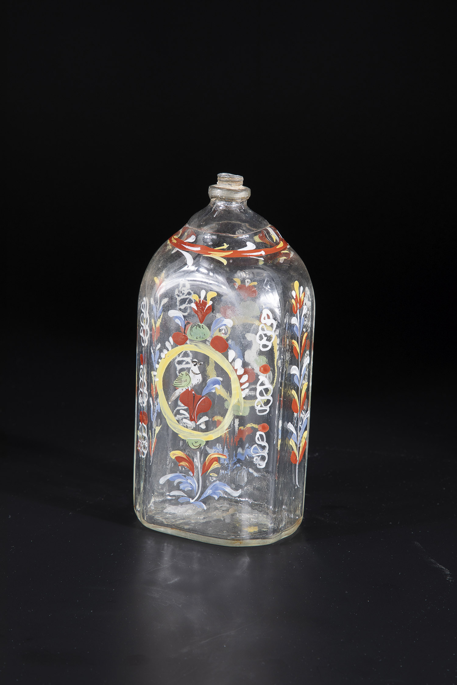 Schnapps bottle Germany, 18th century Colourless glass with tear. On the cross-sectional rectangular