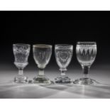 Mixed lot of four Empiergoblets Giant Mountains, around 1800 Colourless glass. Three with square