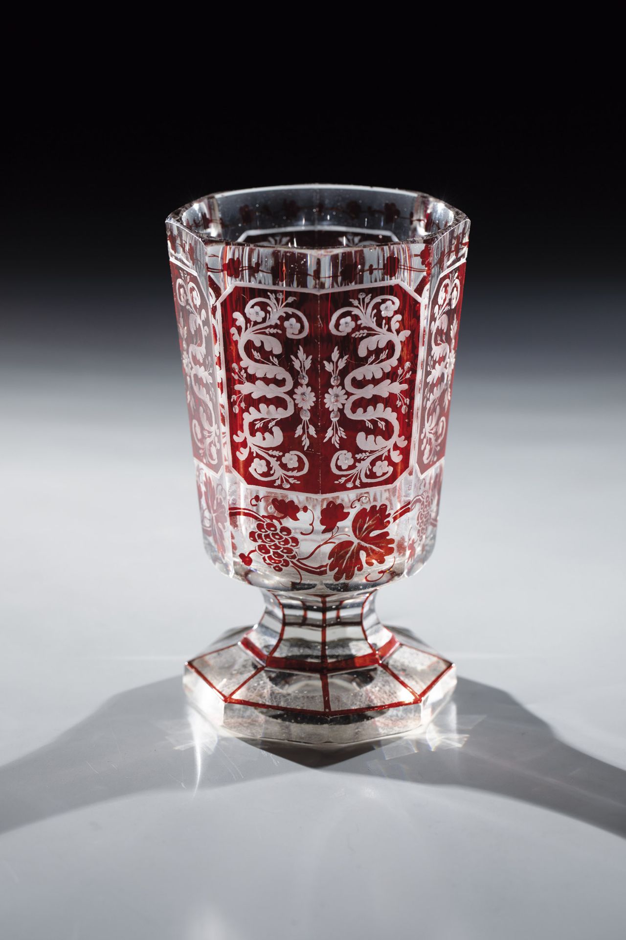 Footcup Workshop Friedrich Egermann, Haida, M. 19th century Colourless, partly red glazed glass.