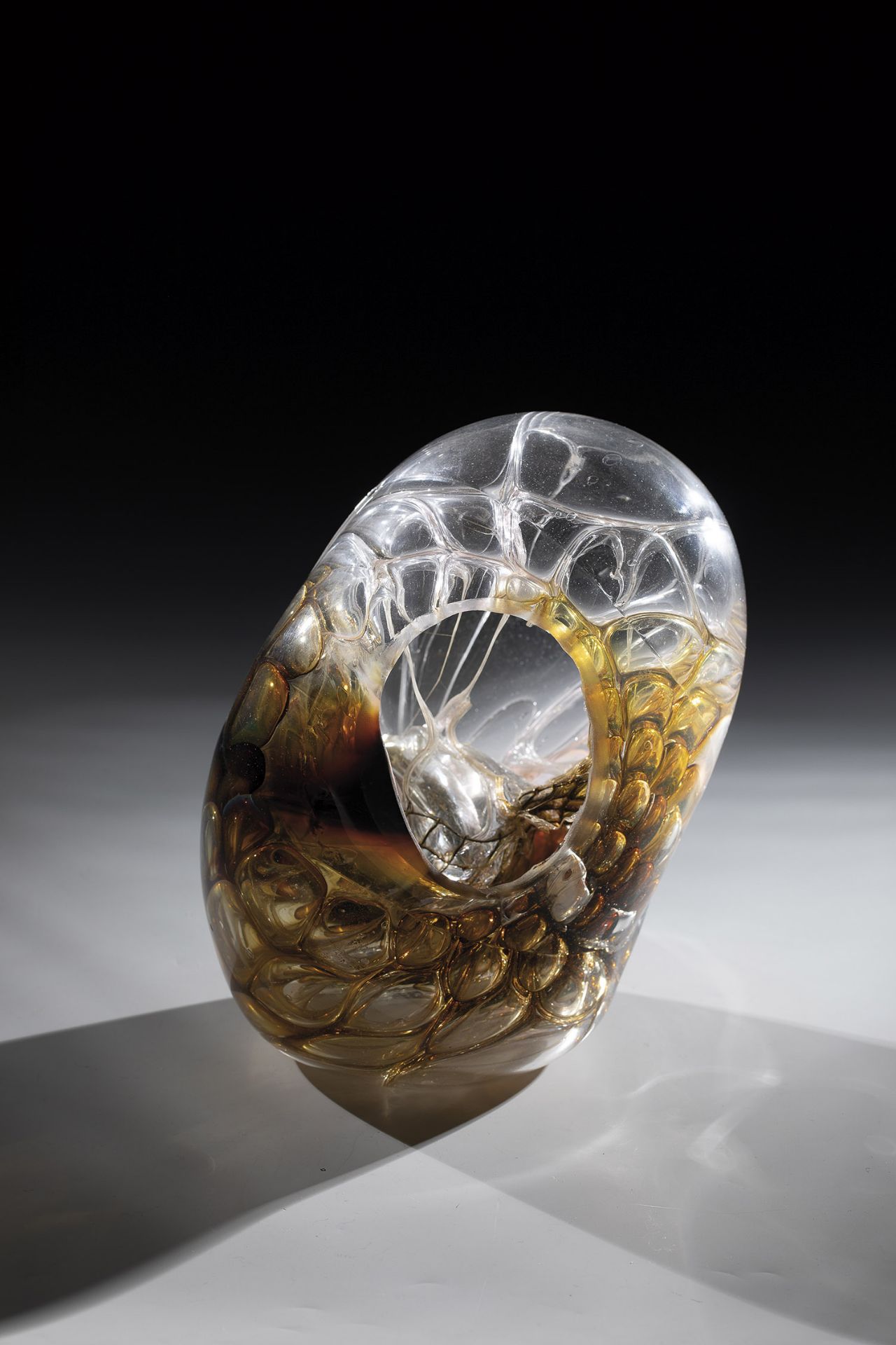 Honeycomb object Joerg Zimmermann Colourless glass, gradient honey-yellow, with oxide melting, blown