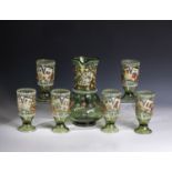 Drinking set with playing card decoration Theresienthal, ca. 1900 Olive green glass with polished