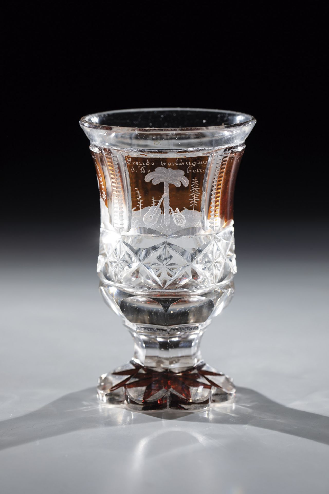 Foot cup with allegorical depictions of North Bohemia, ca. 1860 Colourless glass, partly stained