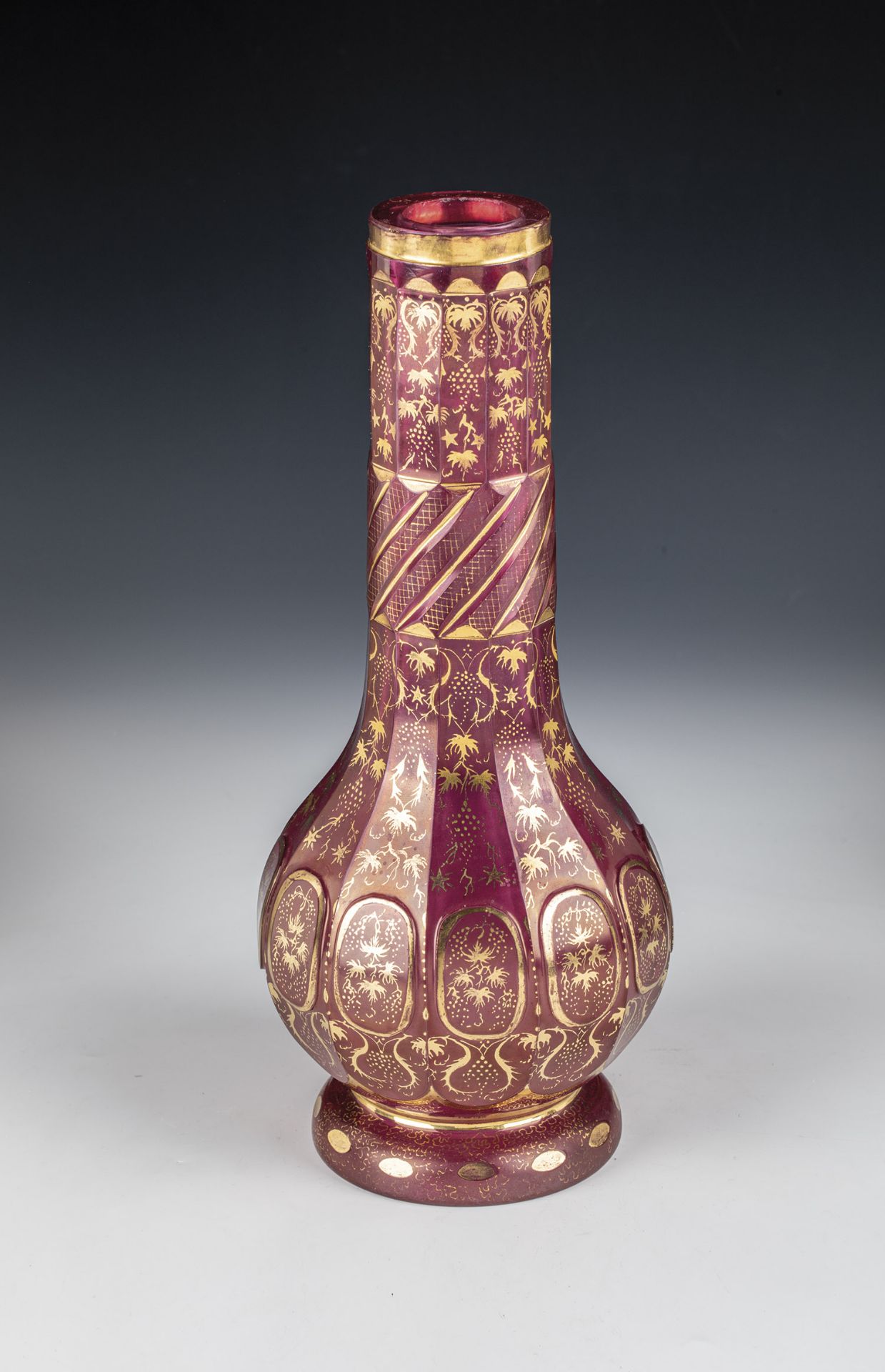 Vase Bohemia, 19th century Colourless, pink glazed glass with rich ship and gold decoration. H. 30