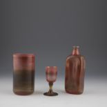 Bottle, vase and small foot cup probably Kurt Wallstab Colourless glass with coloured powder melts