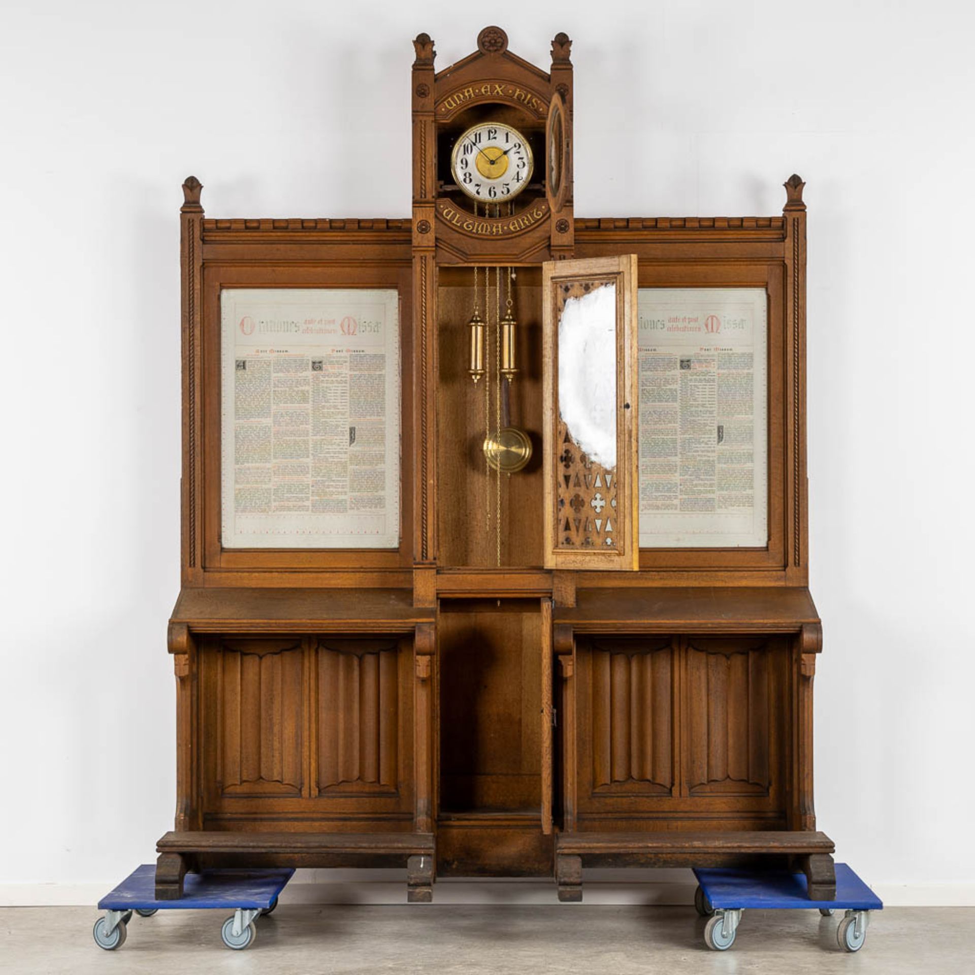 A Gotic Revival prayer bench and standing clock, Finished with Canon Boards, Oak, Circa 1900. (H:258 - Image 3 of 8