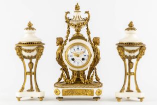 A three-piece mantle garniture clock and cassolettes, Carrara marble mounted with bronze, Louis XVI
