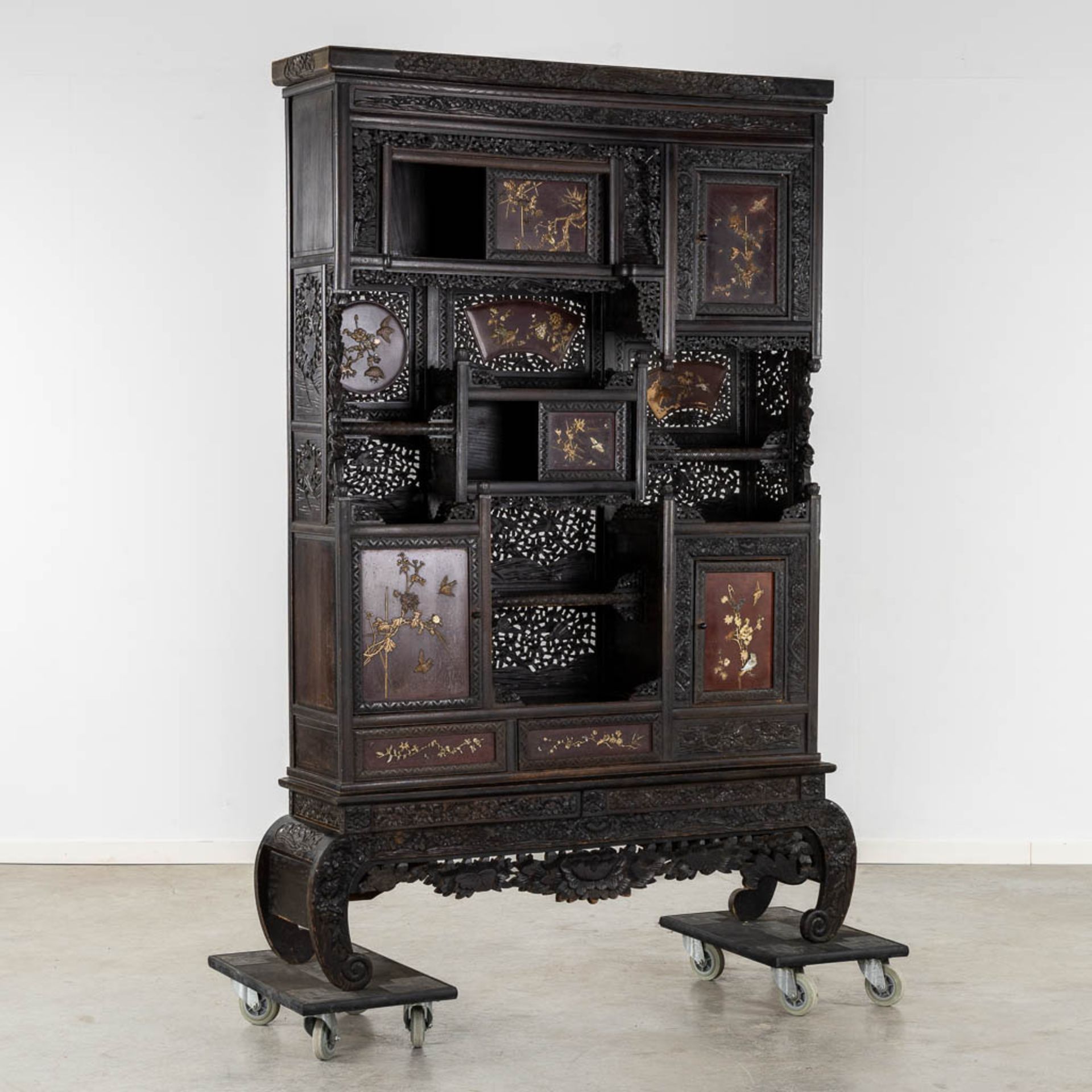 A Japanese Shibayama show cabinet, sculptured wood and inlay decorated with Fauna and Flora. (L:36 x - Image 13 of 17