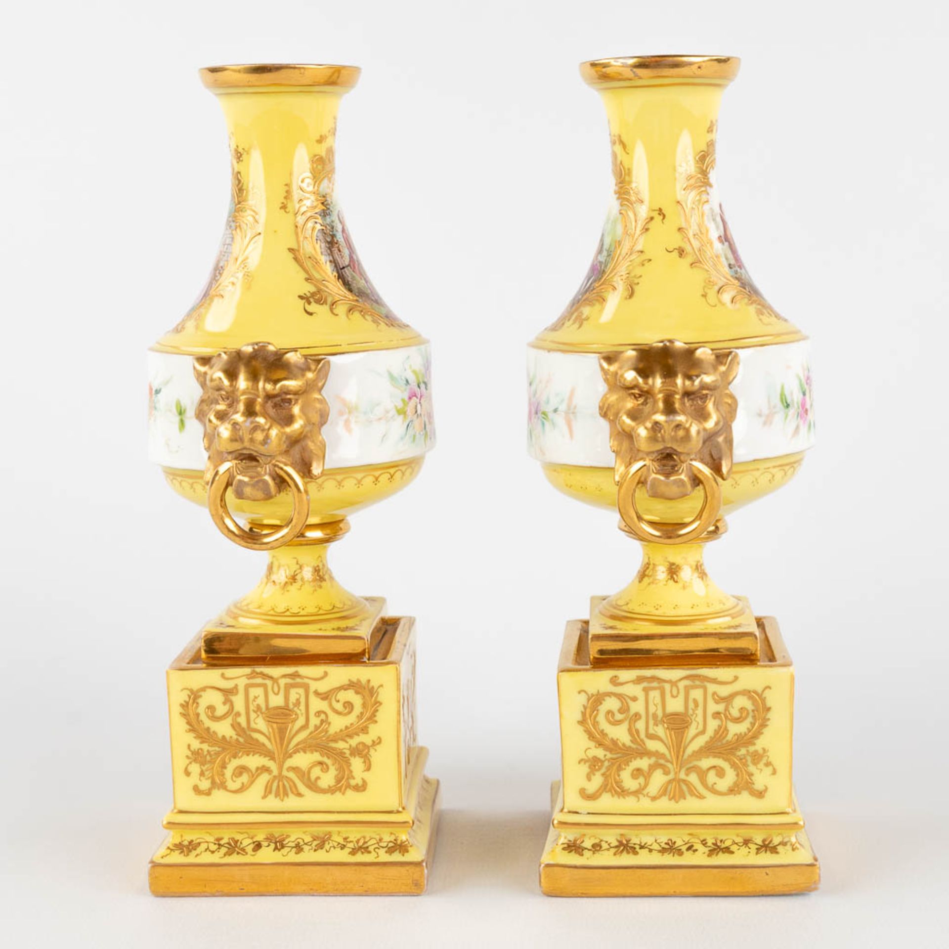 A pair of antique, hand-painted porcelain vases, yellow glaze and flower with lion's heads decor. (L - Image 6 of 16