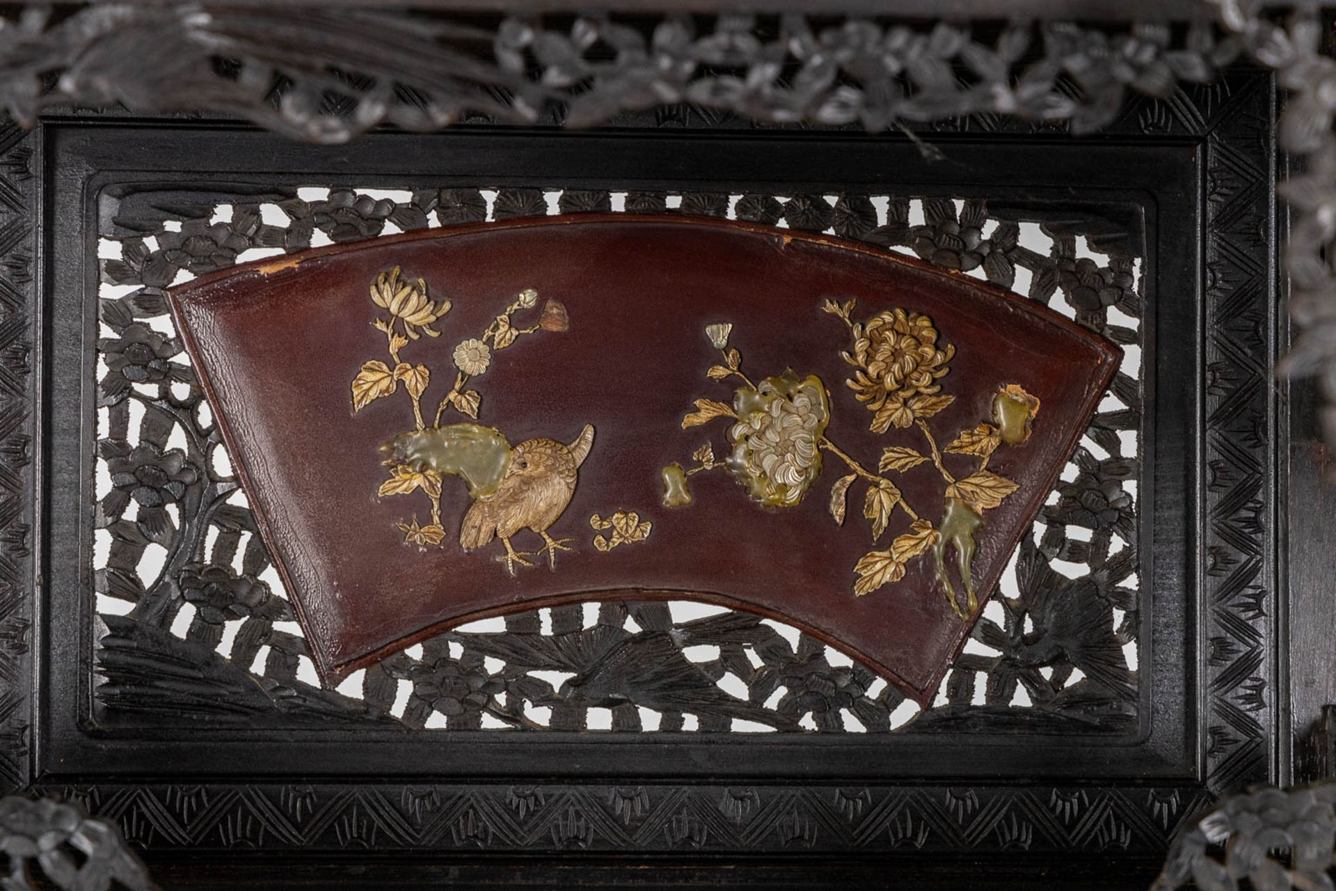 A Japanese Shibayama show cabinet, sculptured wood and inlay decorated with Fauna and Flora. (L:36 x - Image 8 of 17