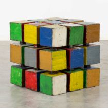 A mid-century side table in the shape of a Rubik's Cube. (L:52 x W:52 x H:52 cm)
