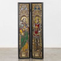 A pendant 'stained glass paintings', Saint Joseph and Gregory, in a wood frame. (W:136 x H:62 cm)