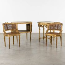 Two side tables, Two chairs, sculptured wood in Louis XVI style. Circa 1900. (L:57 x W:81 x H:75 cm)