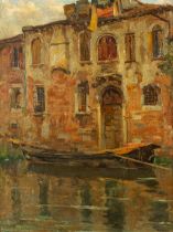 Isidore OPSOMER (1878-1967) 'Ship in the canal' oil on canvas. (W:50 x H:65 cm)
