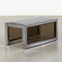 A vintage side table, chromed metal and tinted glass. Circa 1980. (L:44 x W:80 x H:36 cm)