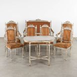 A Six-piece salon suite, sculptured and patinated wood in Louis XVI style. Circa 1900. (L:65 x W:124