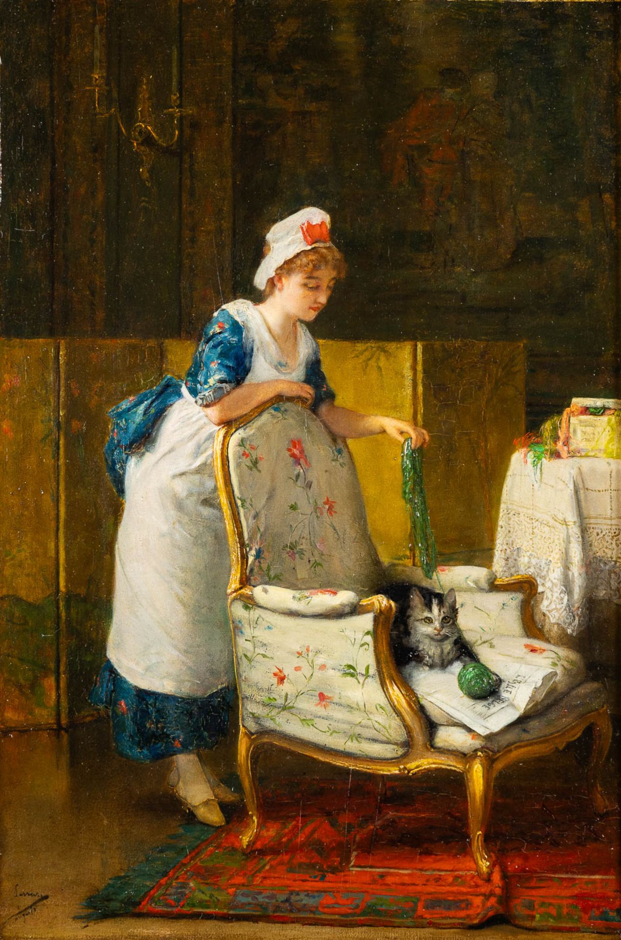 Auguste SERRURE (1825-1903) 'Bergère with a Cat' oil on panel. 19th C. (W:29 x H:43 cm)