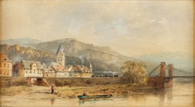 Gustave Adolphe SIMONAU (1810-1870) 'Village by the river' watercolour on paper. (W:42 x H:25 cm)