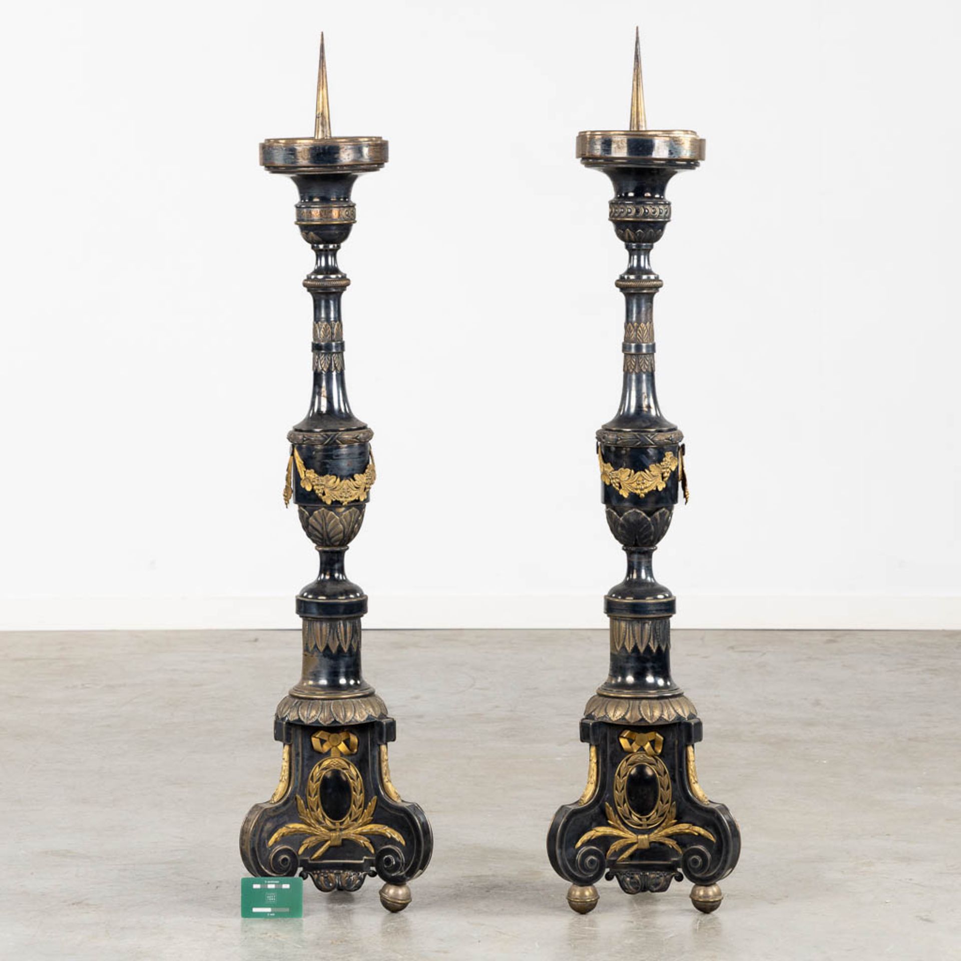 A pair of Church Candlesticks, silver- and gold-plated metal. 19th C. (H:120 cm) - Image 2 of 9