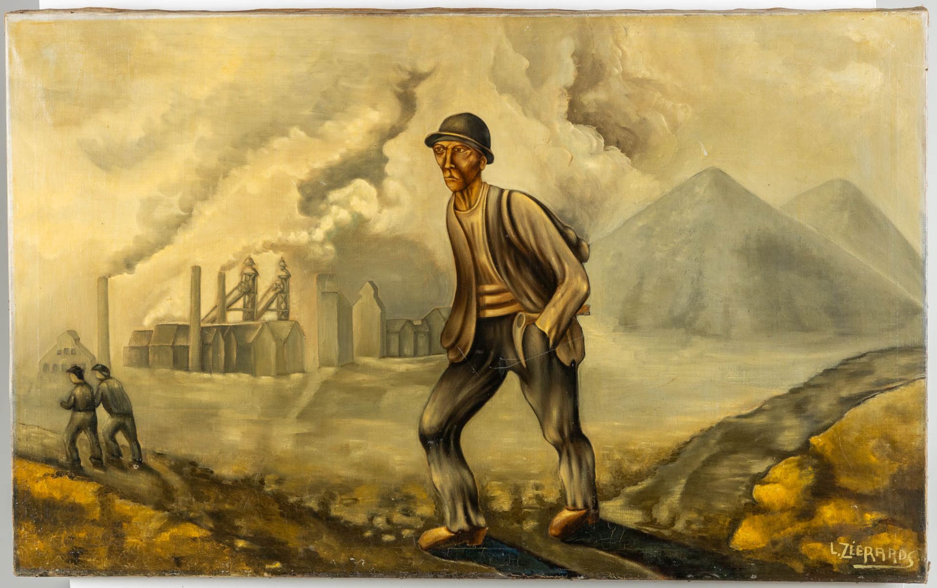 'The Commute of a miner' oil on canvas. Signed Zéerards L. (W:130 x H:80 cm)