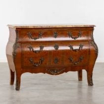 A three-drawer commode, wood veneer mounted with bronze and a marble top. 20th C. (L:52 x W:122 x H: