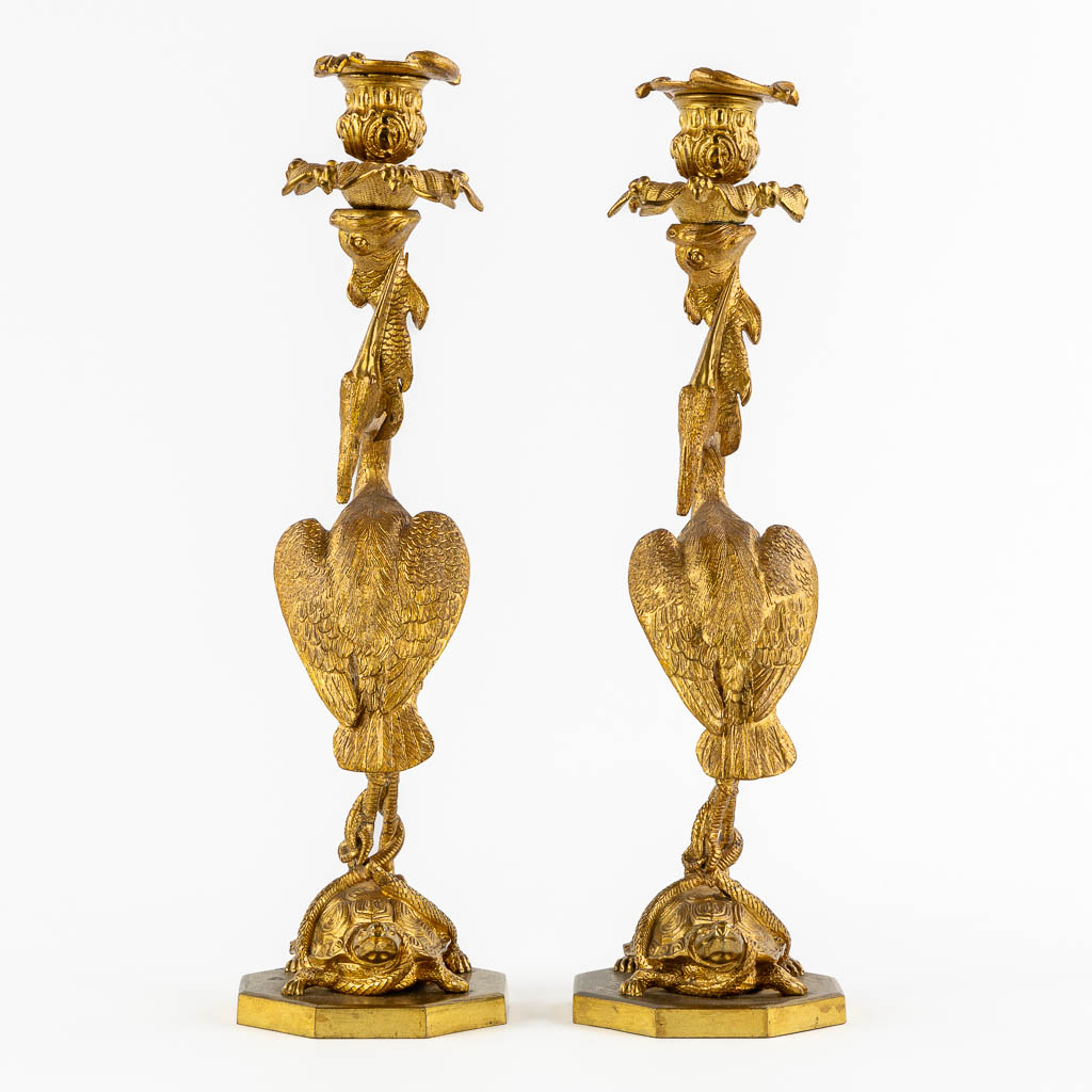 A pair of candelabra, gilt bronze decorated with a heron, tortoise and fish, circa 1900. (H:37 x D:1 - Image 6 of 12