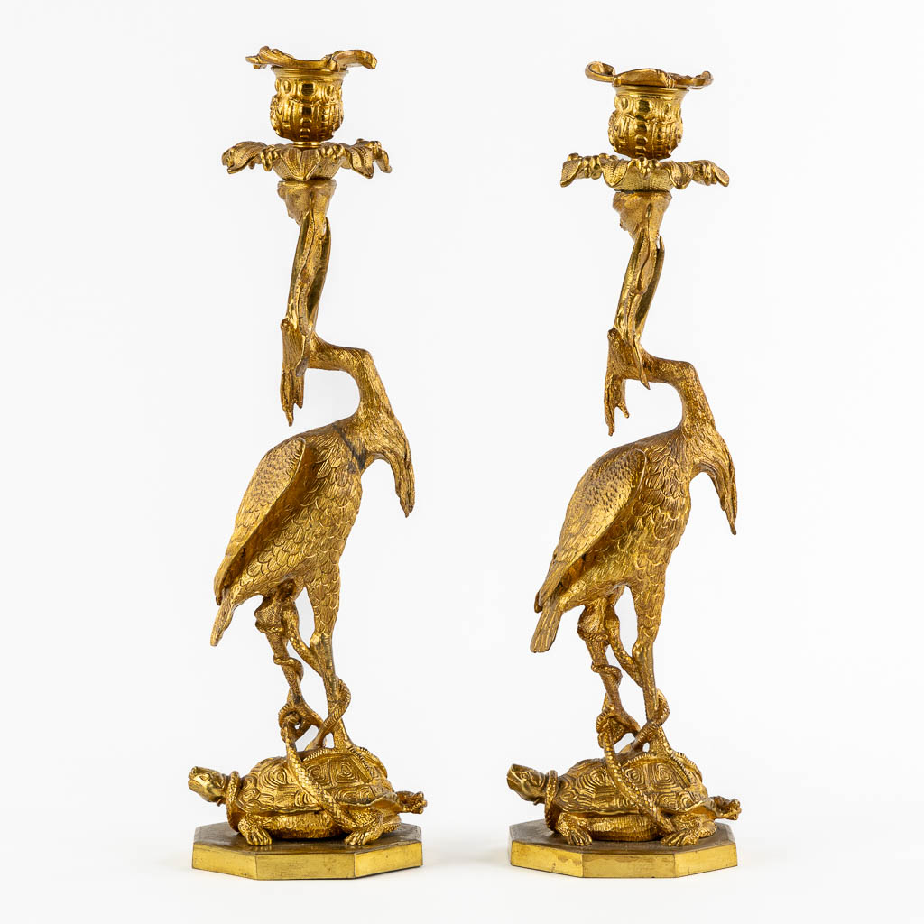 A pair of candelabra, gilt bronze decorated with a heron, tortoise and fish, circa 1900. (H:37 x D:1 - Image 5 of 12