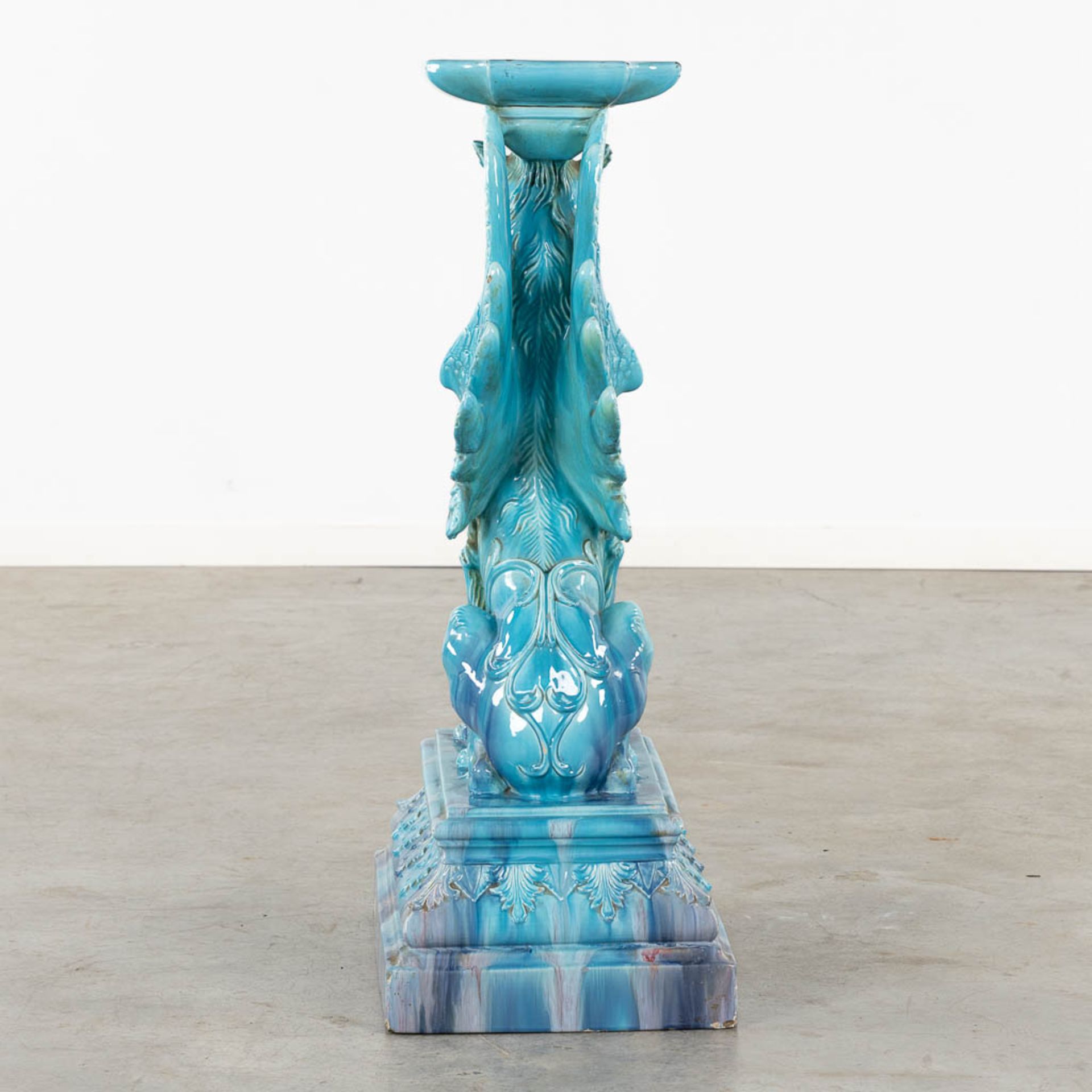 Jerome Massier, 'Soccle Chimère'. Blue glazed faience. 19th C. (L:54 x W:35 x H:96 cm) - Image 5 of 13