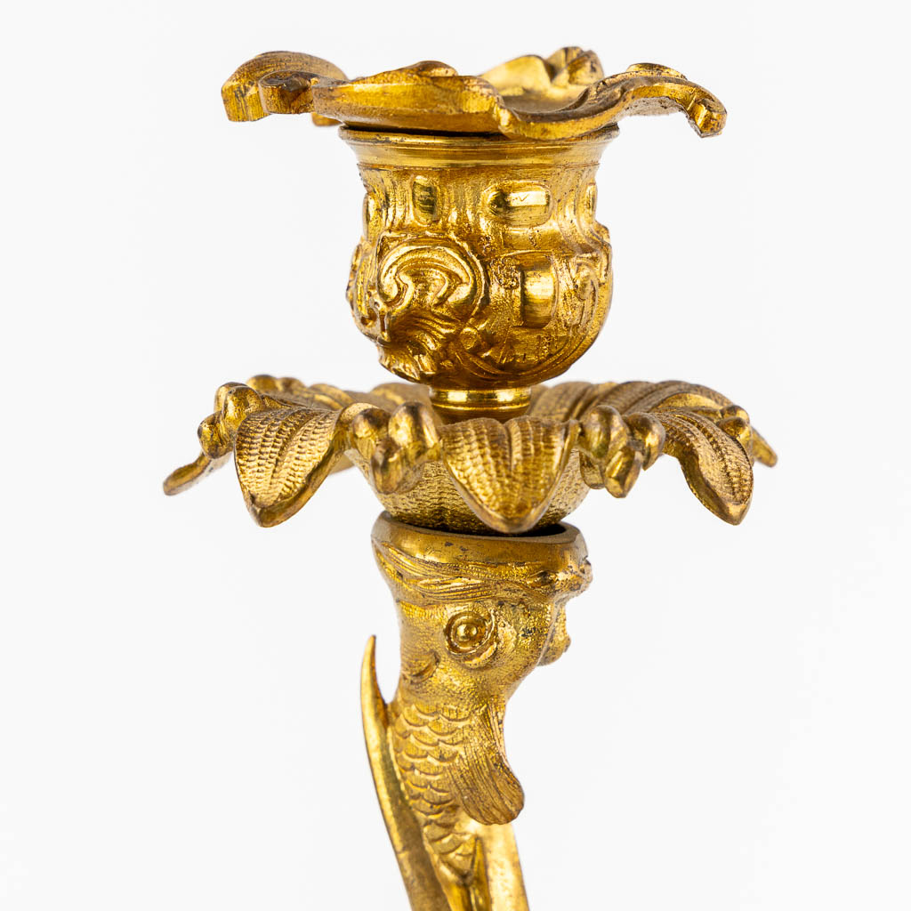 A pair of candelabra, gilt bronze decorated with a heron, tortoise and fish, circa 1900. (H:37 x D:1 - Image 8 of 12