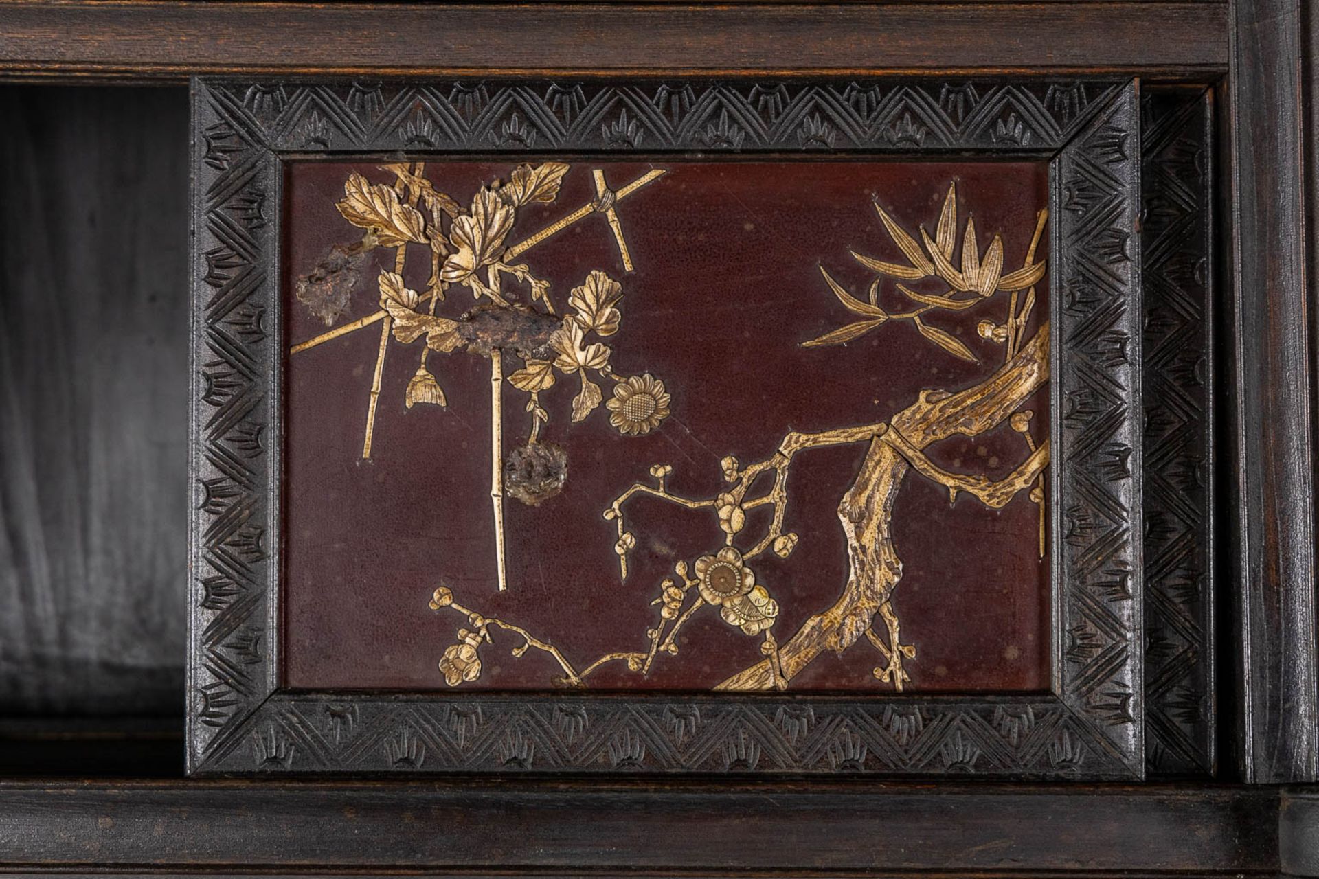 A Japanese Shibayama show cabinet, sculptured wood and inlay decorated with Fauna and Flora. (L:36 x - Image 9 of 17