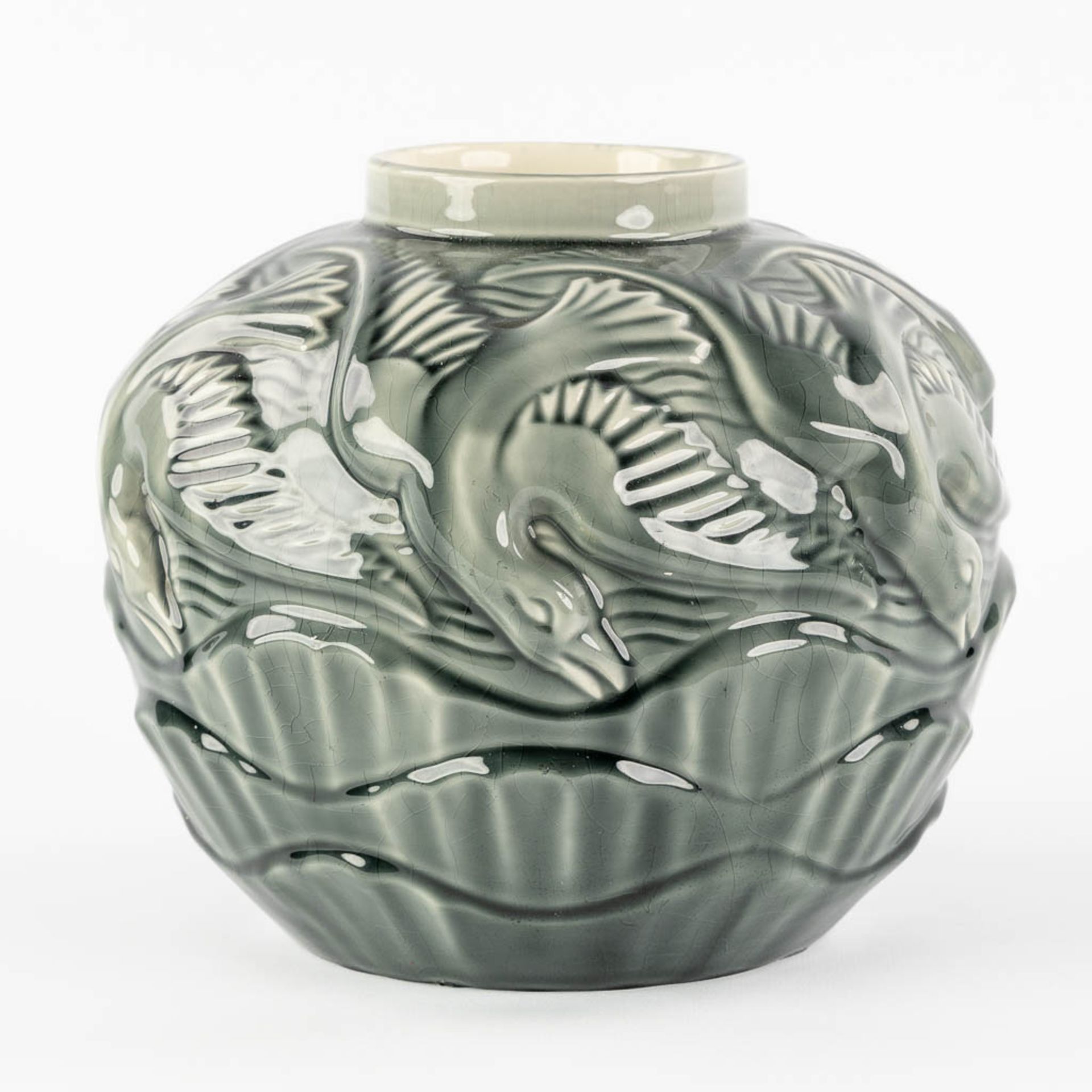 Charles CATTEAU (1880-1966) 'Vase Aux Mouettes' glazed faience. (H:20 x D:22 cm) - Image 4 of 9