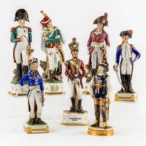 7 polychrome porcelain figurines, Napoleon and the Officers, A musketeer. Saxony porcelain. (H:31 cm