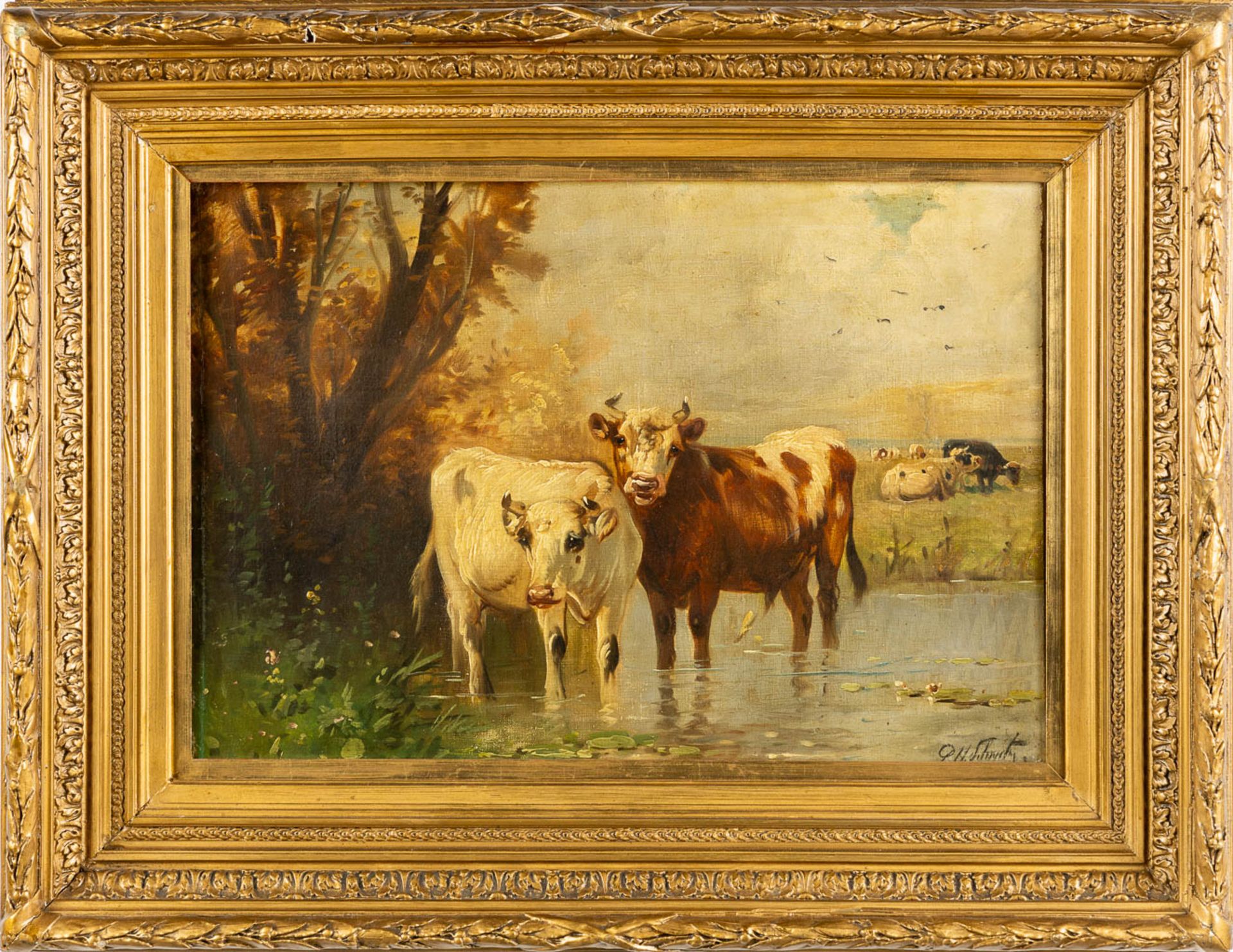 Paul SCHOUTEN (1860-1922) 'Cows in a pond' oil on canvas. (W:62 x H:45 cm) - Image 3 of 10