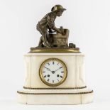 A mantle clock, green patinated bronze mounted on Carrara marble. Circa 1900. (L:16 x W:30 x H:39 cm